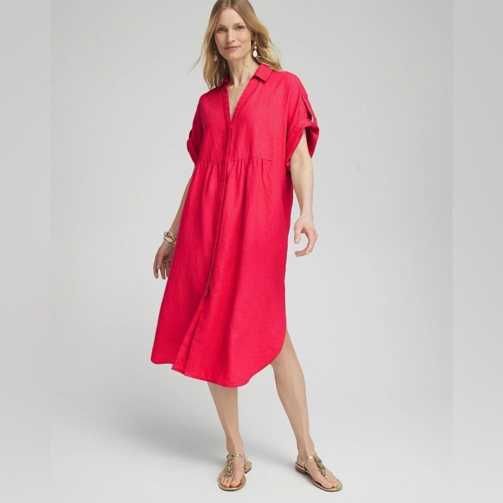 Chicos 100% Linen Roll Tab Dolman Midi Dress Sz 00/2 Oversized Watermelon Punch - Picture 2 of 8